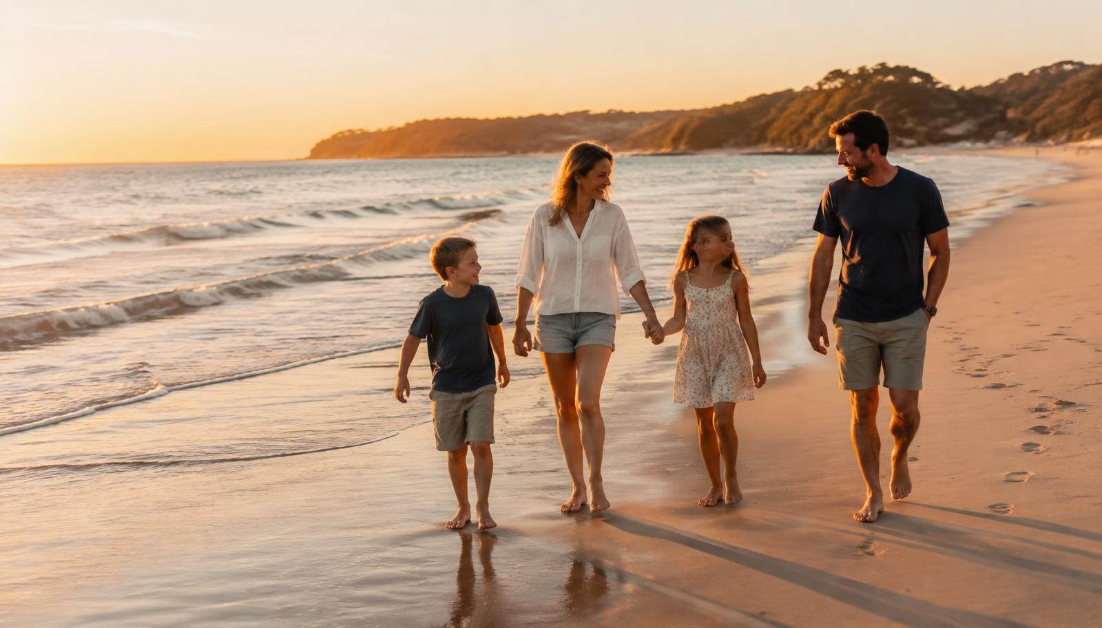 A relaxed family walking on a Sunshine Coast beach at golden hour